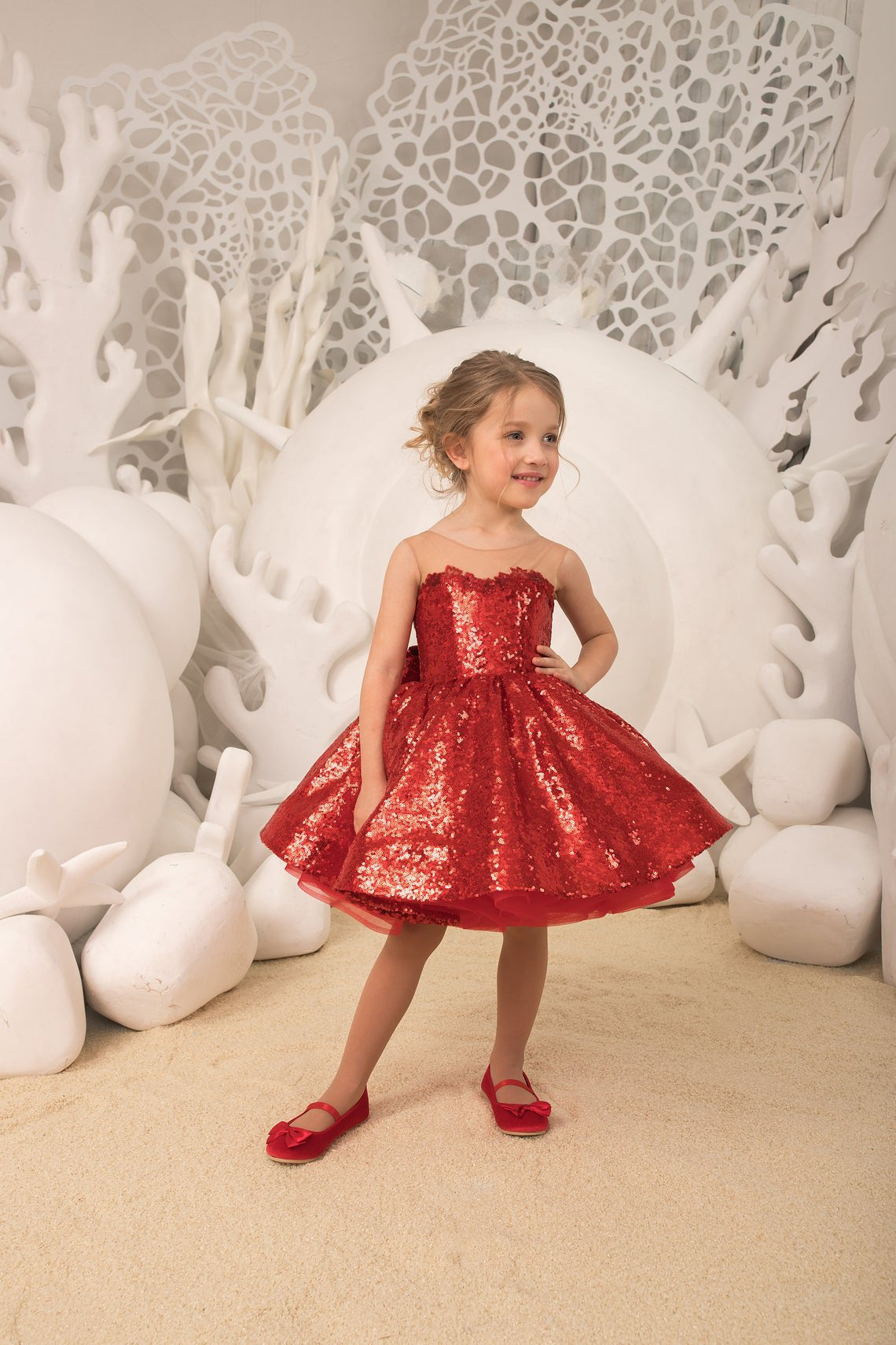 Red Sequins Removable High Low Kids Party Dress with Bow BDCHK180