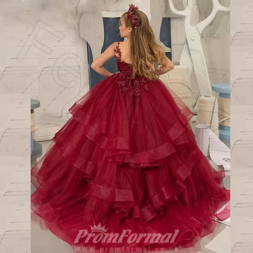 Burgundy Kids Ball Gown Lace Party Dress CHK211
