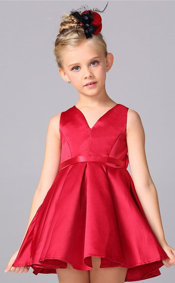 Red Satin A-line V-neck Short/Mini Children's Party Dress(FGD269)