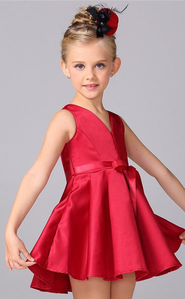 Red Satin A-line V-neck Short/Mini Children's Party Dress(FGD269)