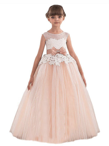 Blushing Pink Tulle Lace Short Sleeve Children's Prom Dress (FGD271)