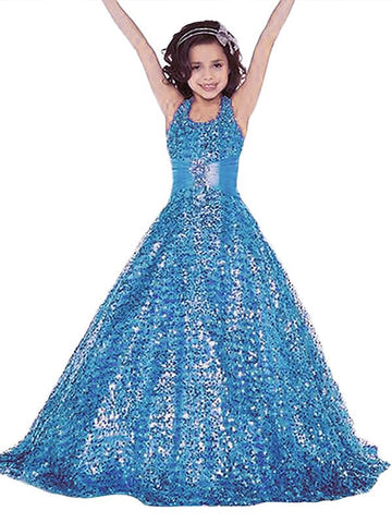 Blue Sequin Halter A-line Children's Prom Dress(FGD273)