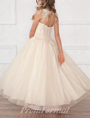 Light Champagne Lace Tulle V-neck A-line Children's Prom Dress(FGD291)