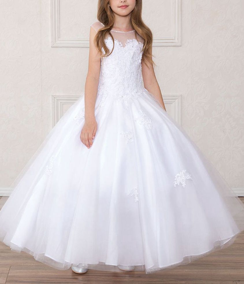 White Lace Short Sleeve Ball Gown Children's Prom Dress(FGD292)