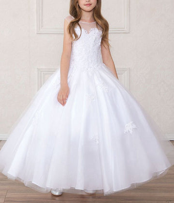 White Lace Short Sleeve Ball Gown Children's Prom Dress(FGD292)