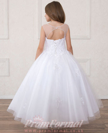 White Lace Short Sleeve Ball Gown Children's Prom Dress(FGD292)