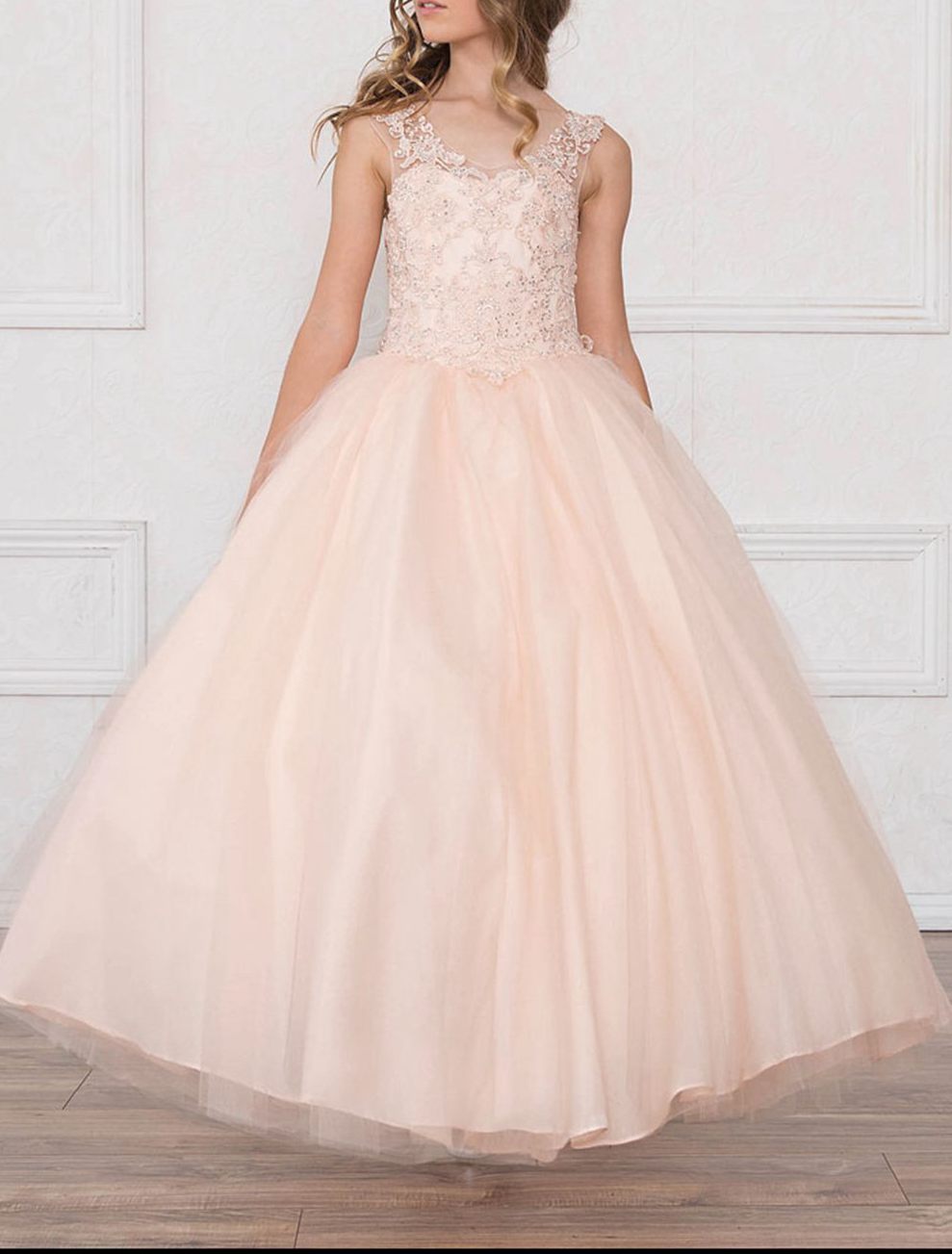 Pearl Pink Tulle Lace Ball Gown Children's Prom Dress (FGD296)