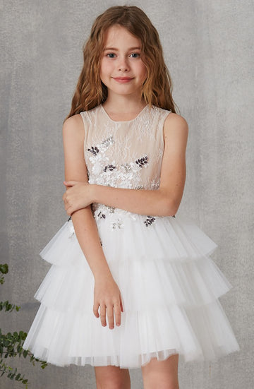 White Lace Tulle Mini Princess Children's Prom Dress (FGD310)