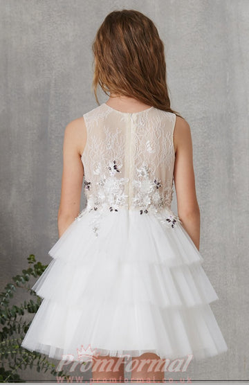 White Lace Tulle Mini Princess Children's Prom Dress (FGD310)