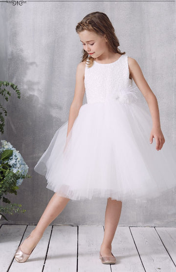 White Lace Tulle Knee-length Children's Prom Dress (FGD319)