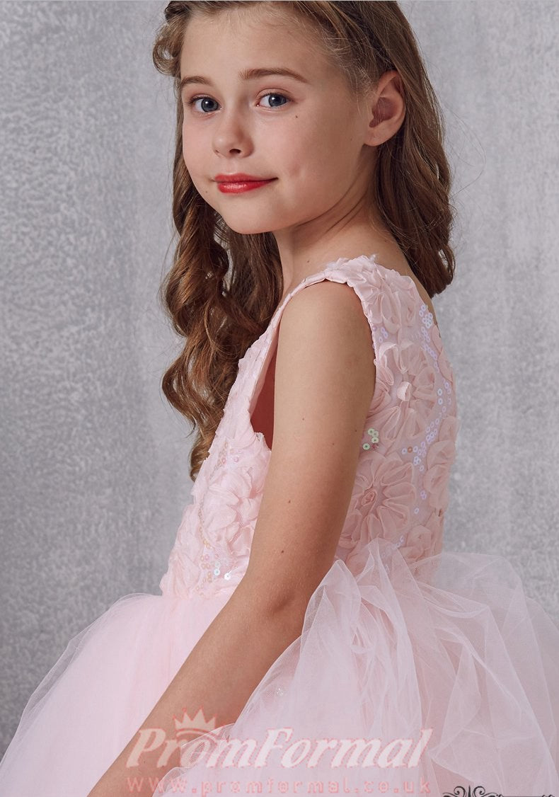 Blushing Pink Lace Tulle Floor-length Princess Children's Prom Dress