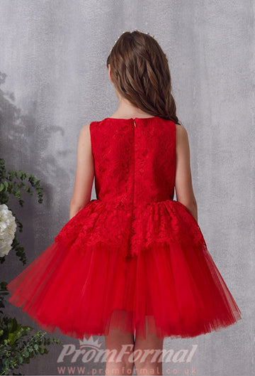 Red Lace Tulle  Short Mini Ball Children's Prom Dress (FGD334)