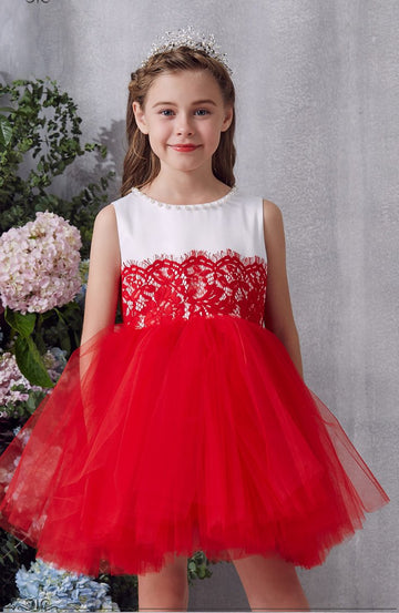 Red Lace Tulle Mini Princess Children's Prom Dress (FGD336)