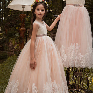Pink Lace Tulle V-neck A-line Floor-length Flower Girl Dresses(FGD341)
