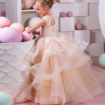 Pearl Pink Lace Tulle Princess Floor-length Kids Prom Dress(FGD343)