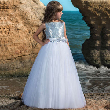 Sky Blue Sequined Tulle Floor-length Kids Prom Dress(FGD345)