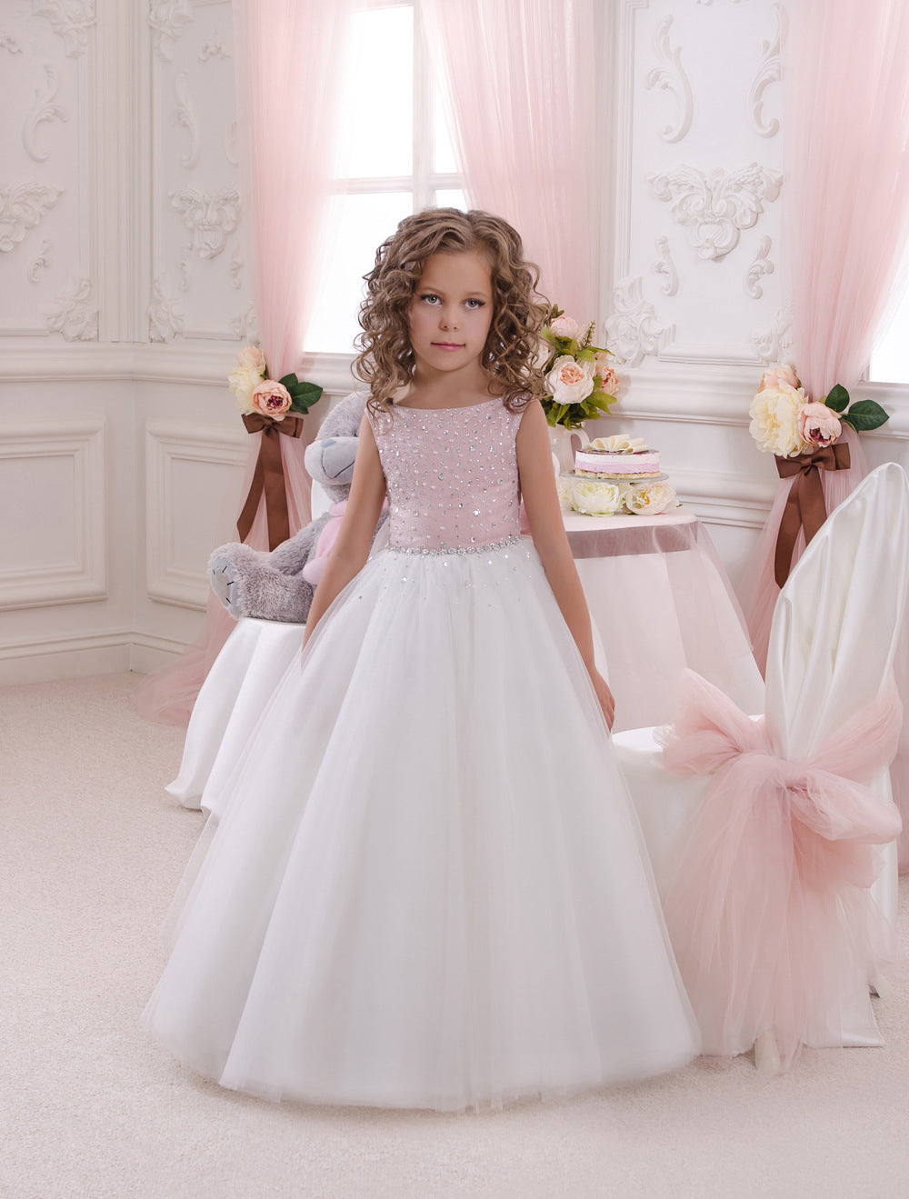 Pink Tulle Toddler Beading A-line Floor-length Kids Prom Dress(FGD346)