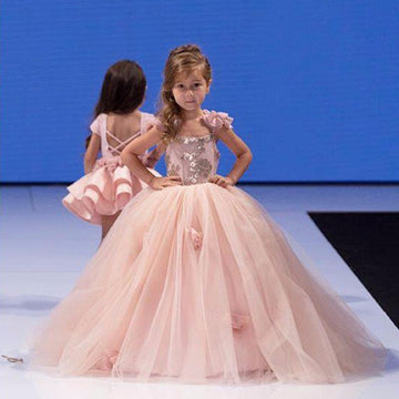 Pearl Pink Tulle Ball Gown Short Sleeve Flower Girl Dress(FGD348)