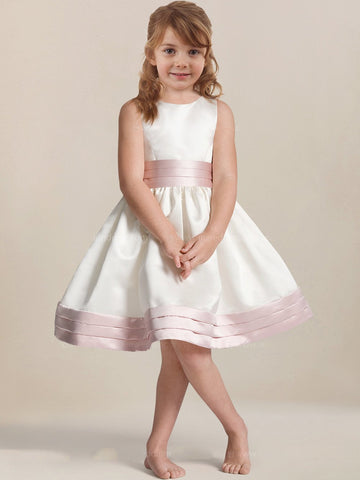 Satin A-line Knee-length White Flower Girl Dress BDFGD439