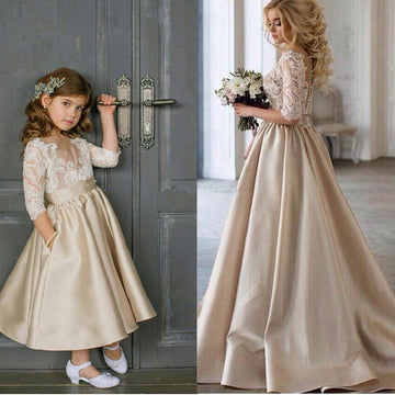 Champagne Tea Length Half Sleeve Flower Girl Dress BDFGD467