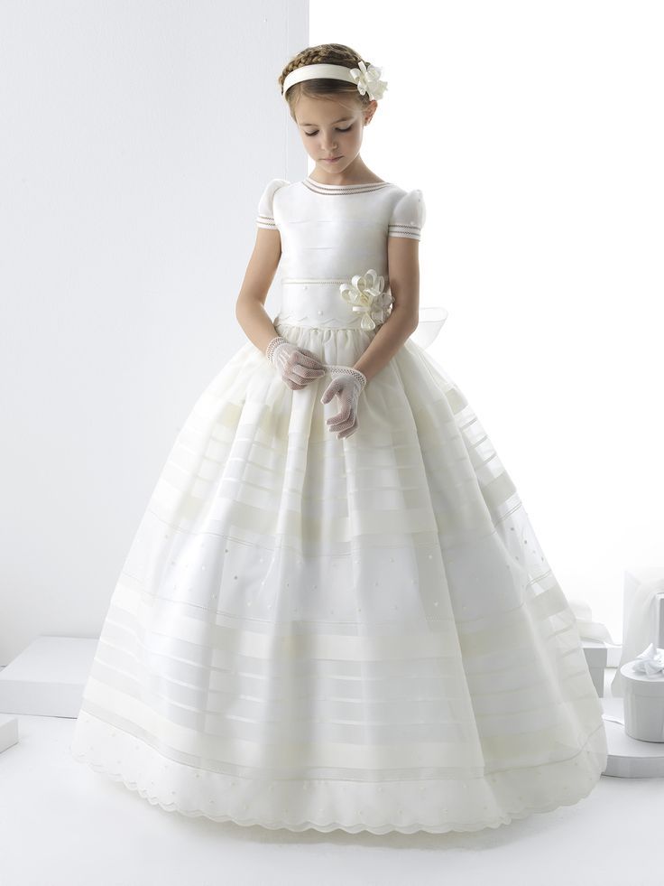 Girls First Communion Dress Short Sleeve With Lace Shapes FGD499