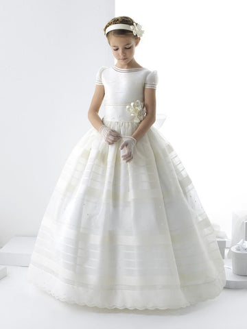 Girls First Communion Dress Short Sleeve With Lace Shapes FGD499