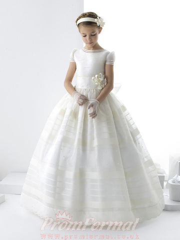 Girls First Communion Dress Short Sleeve With Lace Shapes FGD499