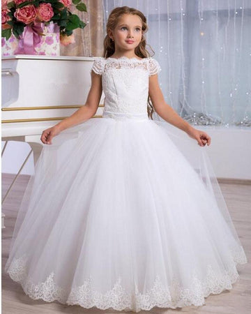 Lace First Communion Dress Birthday Party Short Sleeve Cut Out Back FGD506