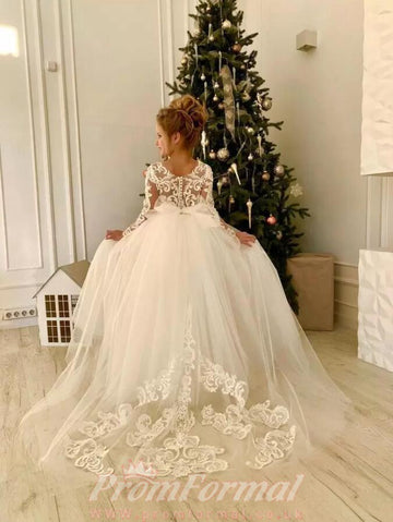 Long Sleeve Big Bow Kids Formal Birthday Party Dress 5-12 years FGD517