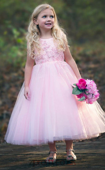 Pink Tea-length Kids Flower Girl Dress BDACH006
