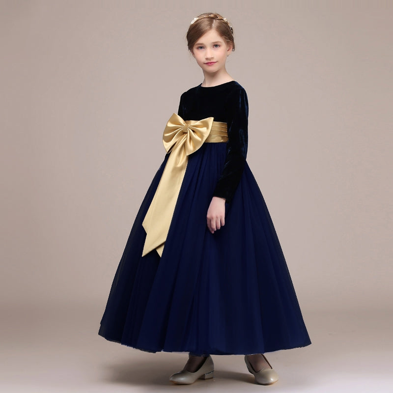 Black Satin Flannel Kids Girl Long Sleeve Flower Girl Dress BDBCH024