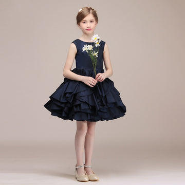 Short Navy Satin Kids Flower Girl Dress BDBCH034