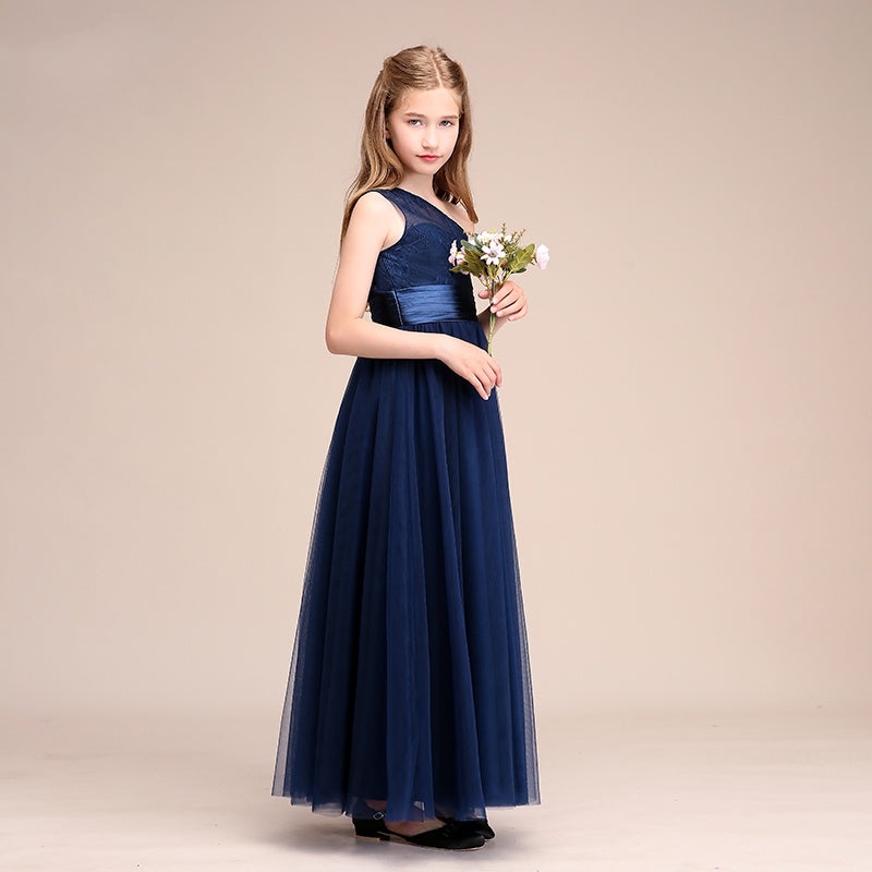 Navy One Shoulder Junior Bridesmaid Dress BDBCH056