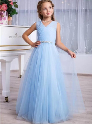 A Line V-neck Tulle Junior Girls Party Dress BDBCH067