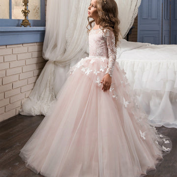 Long Sleeve Kids Flower Girl Dress with Butterfly Lace BDCH0115