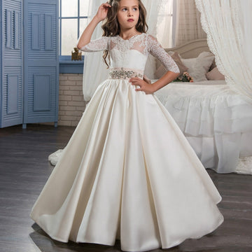 Satin Half Sleeve Kids Flower Girl Dress With Beading Bows BDCH0140