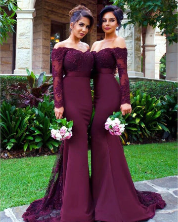 GBD007 Mermaid Dark Burgundy Off The Shoulder Long Sleeve Lace Bridesmaid Dress