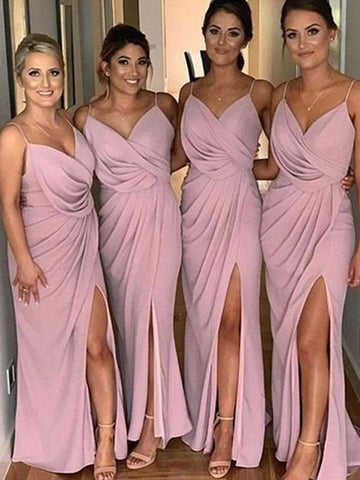 GBD008 Sheath Column Nude Silk like Satin Spaghetti Straps Bridesmaid Dress