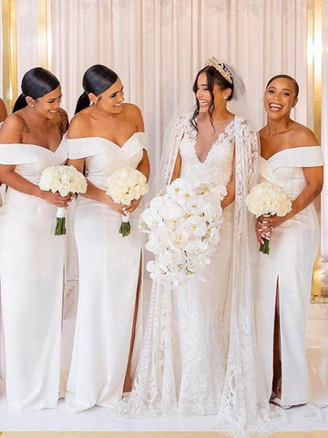 GBD011 White Sheath Column Off The Shoulder Bridesmaid Dress