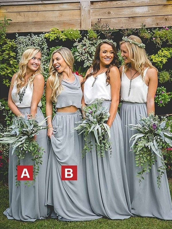 GBD013 A Line Chiffon V neck 2 Piece Ruffles Gray Bridesmaid Dress