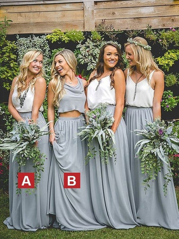 GBD013 A Line Chiffon V neck 2 Piece Ruffles Gray Bridesmaid Dress