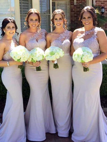 GBD015 Sheath Column Silver Lace One Shoulder Bridesmaid Dress