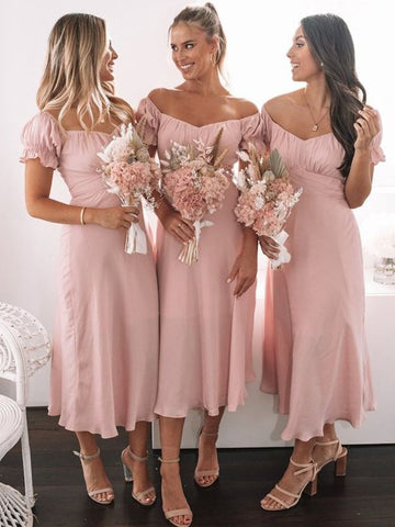 GBD019 Sweetheart Chiffon Short Sleeves Tea Length Pink Bridesmaid Dress