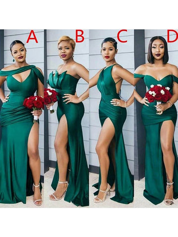 GBD027 Dark Green Sheath Column Off the Shoulder Ruched Bridesmaid Dress