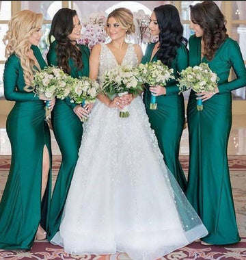 GBD153 Dark Green Sheath Column Satin V neck Long Sleeve Bridesmaid Dress