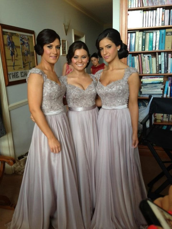 GBD155 A Line Silver V neck Short Sleeve Floor Beading Bridesmaid Dress