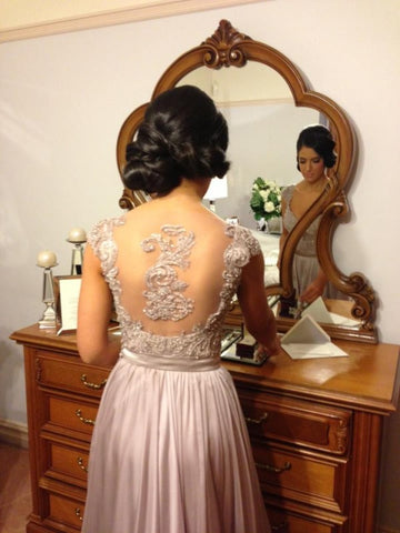 GBD155 A Line Silver V neck Short Sleeve Floor Beading Bridesmaid Dress