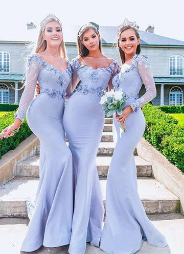GBD168 Mermaid Blue Elastic Satin Off The Shoulder Long Sleeves Bridesmaid Dress