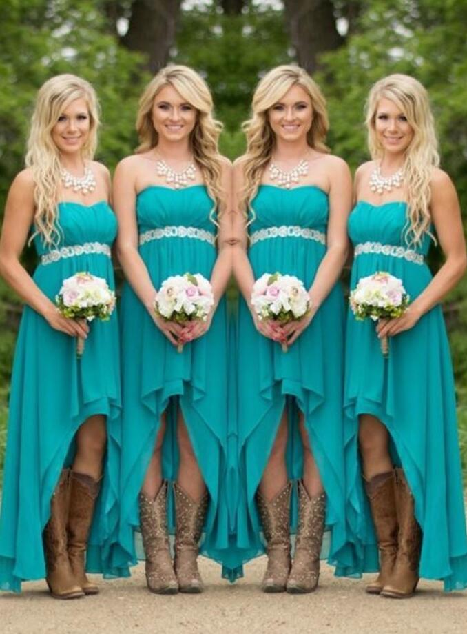 GBD171 A Line Ink Blue Sweetheart High Low Beading Bridesmaid Dress with Boots