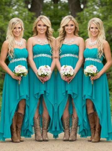 GBD171 A Line Ink Blue Sweetheart High Low Beading Bridesmaid Dress with Boots